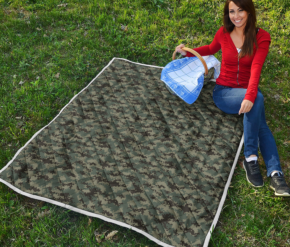 Forest Green Digital Camo Pattern Print Quilt