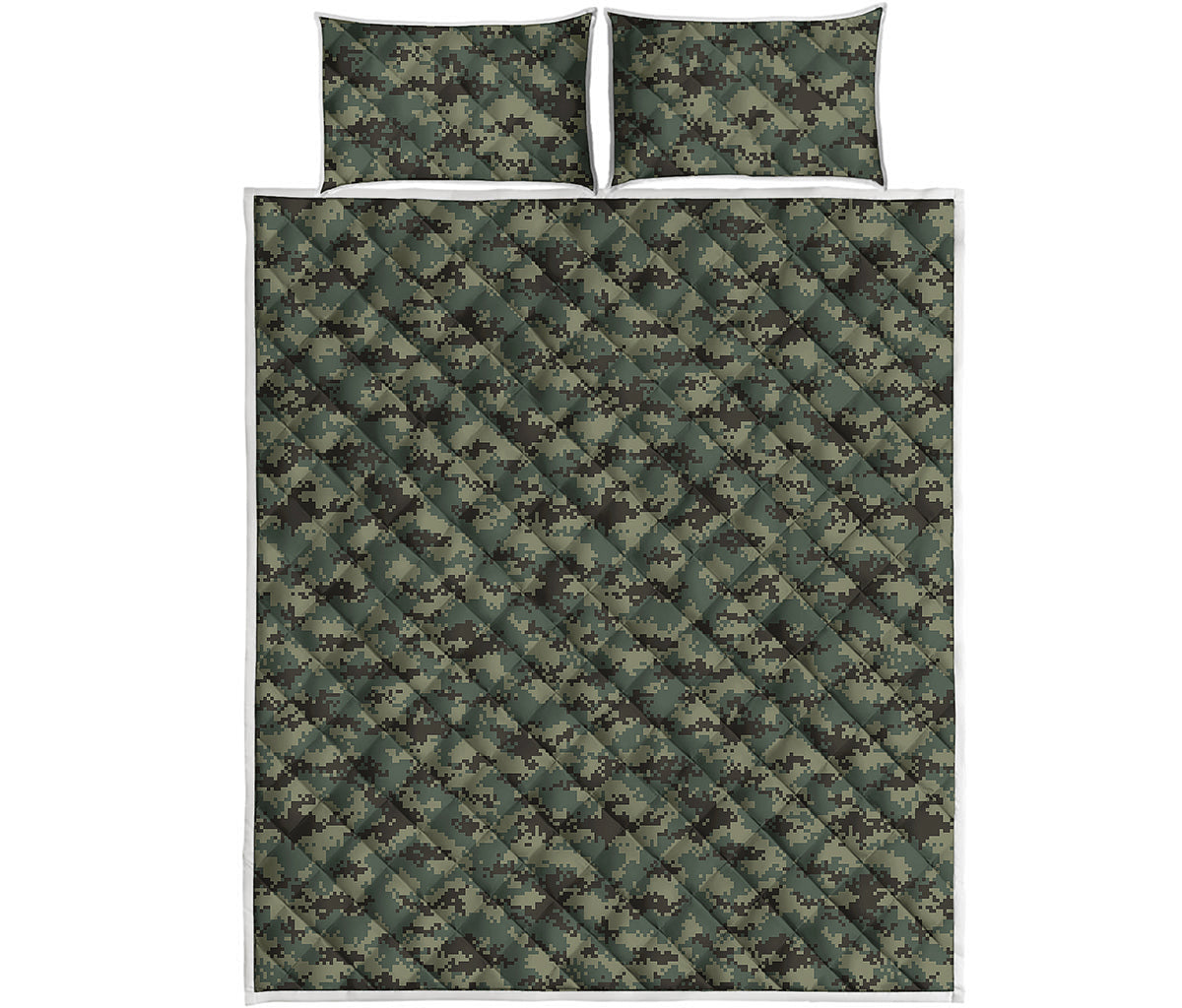 Forest Green Digital Camo Pattern Print Quilt Bed Set
