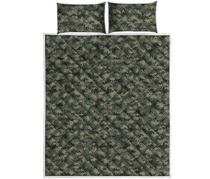 Forest Green Digital Camo Pattern Print Quilt Bed Set
