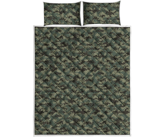 Forest Green Digital Camo Pattern Print Quilt Bed Set
