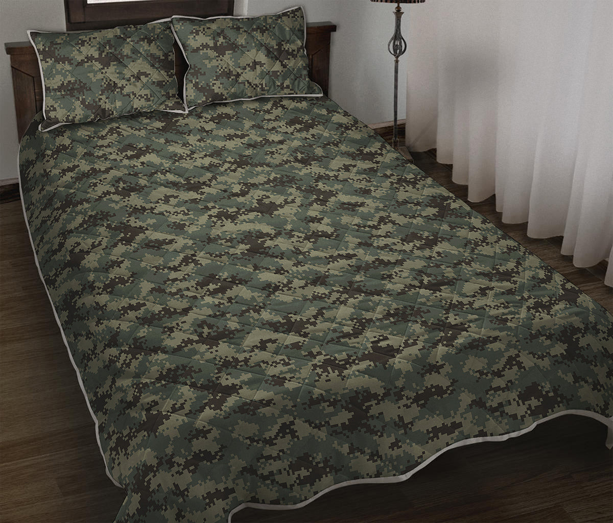 Forest Green Digital Camo Pattern Print Quilt Bed Set