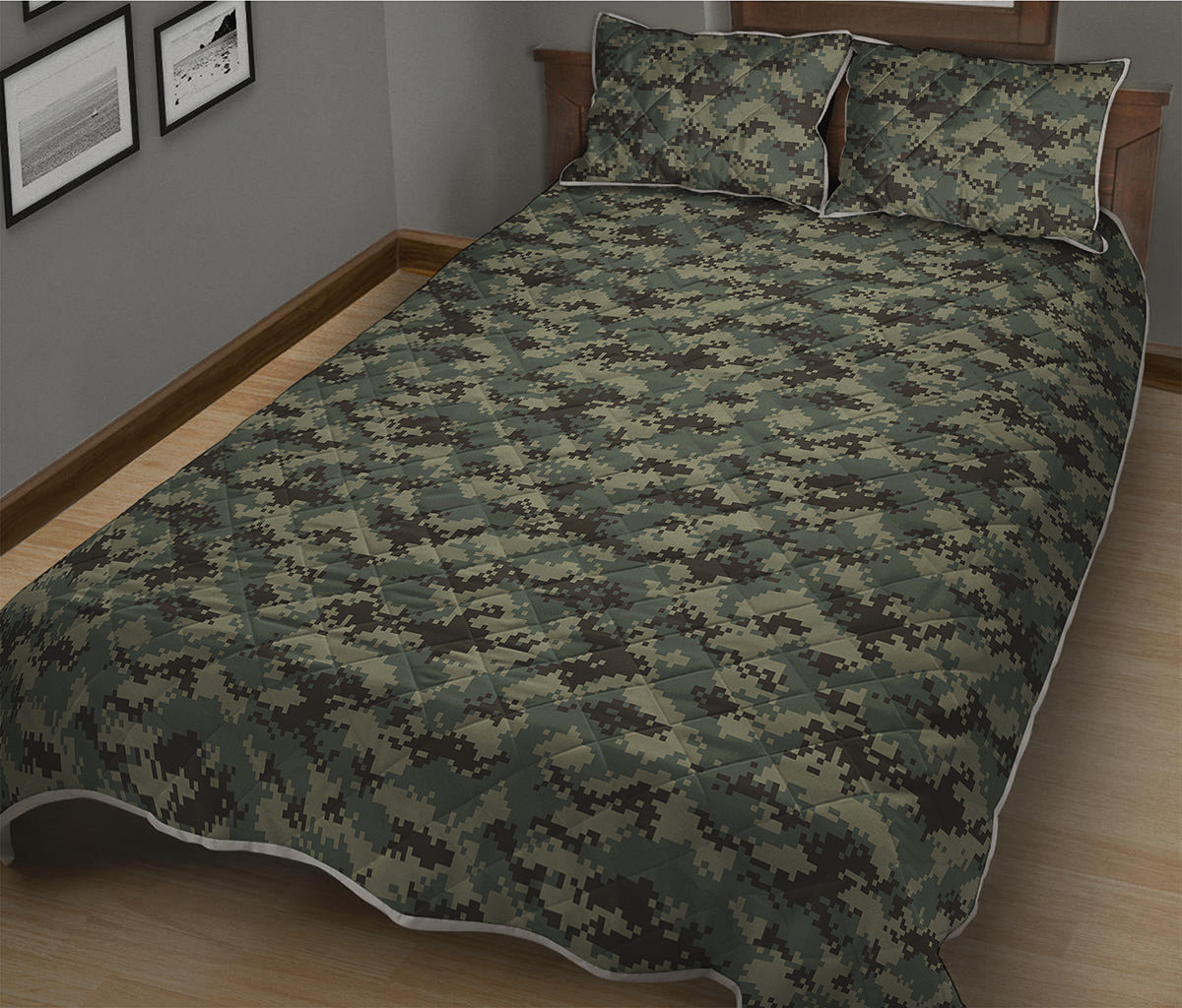 Forest Green Digital Camo Pattern Print Quilt Bed Set
