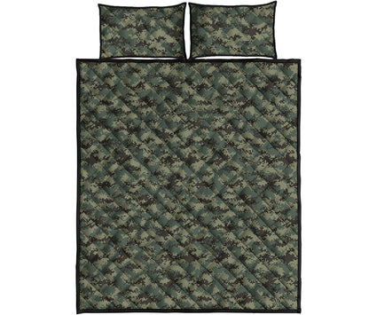 Forest Green Digital Camo Pattern Print Quilt Bed Set