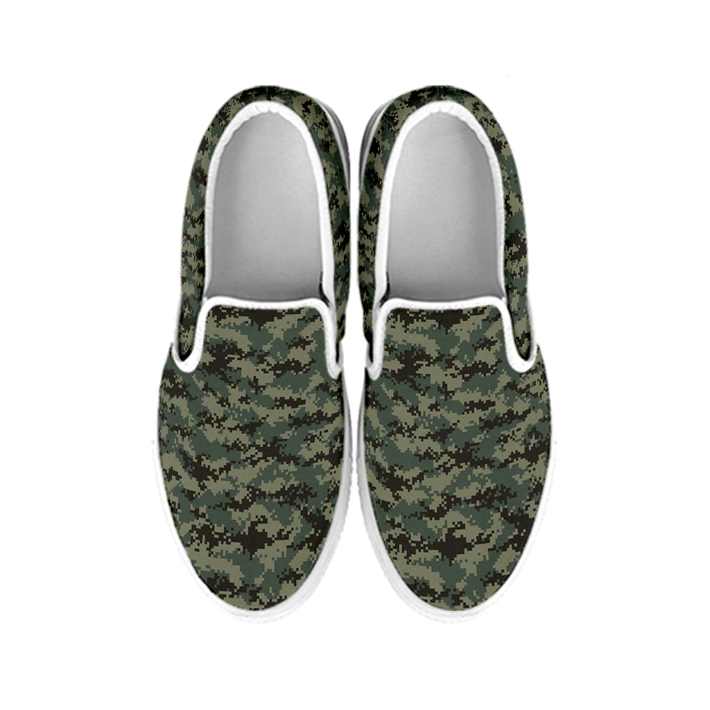 Forest Green Digital Camo Pattern Print White Slip On Shoes