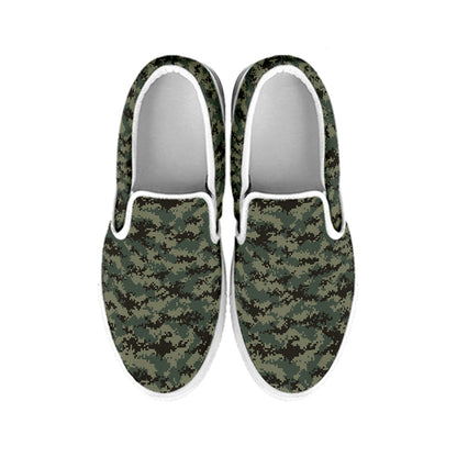 Forest Green Digital Camo Pattern Print White Slip On Shoes