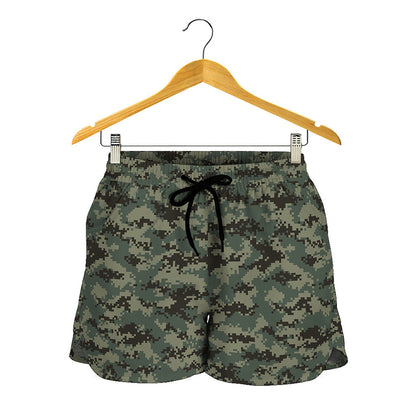 Forest Green Digital Camo Pattern Print Women's Shorts