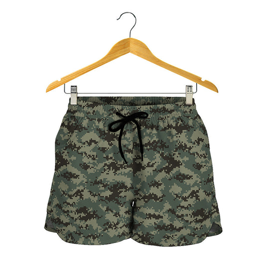 Forest Green Digital Camo Pattern Print Women's Shorts
