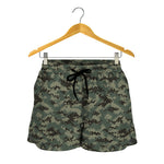 Forest Green Digital Camo Pattern Print Women's Shorts