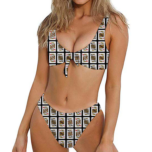 Four Kings Playing Cards Pattern Print Front Bow Tie Bikini