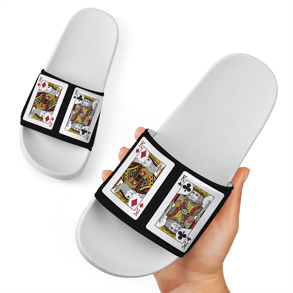 Four Kings Playing Cards Print White Slide Sandals