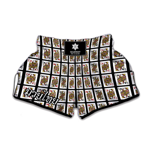 Four Queens Playing Cards Pattern Print Muay Thai Boxing Shorts