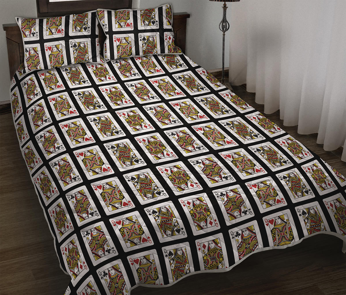 Four Queens Playing Cards Pattern Print Quilt Bed Set