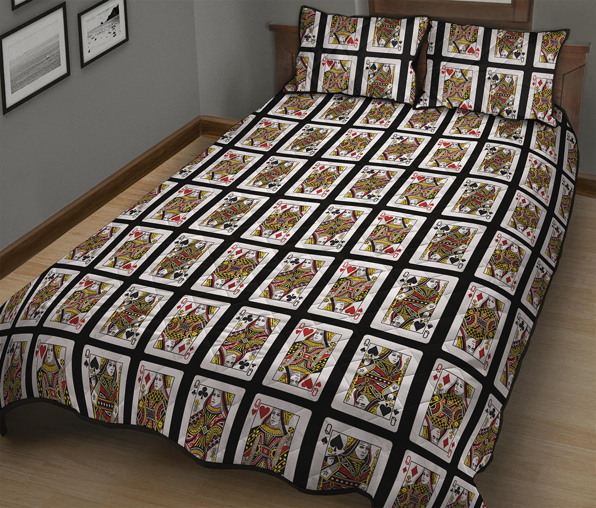 Four Queens Playing Cards Pattern Print Quilt Bed Set