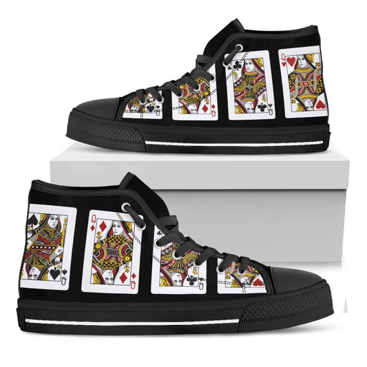 Four Queens Playing Cards Print Black High Top Shoes