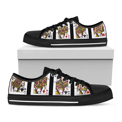 Four Queens Playing Cards Print Black Low Top Shoes 