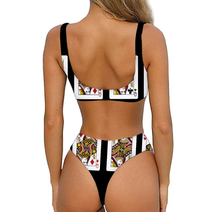 Four Queens Playing Cards Print Front Bow Tie Bikini