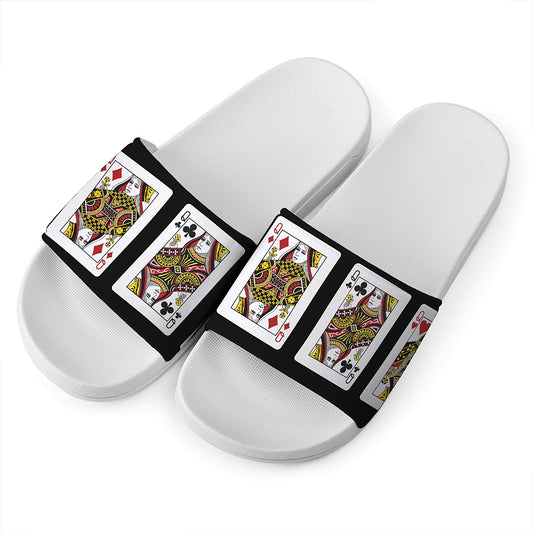 Four Queens Playing Cards Print White Slide Sandals