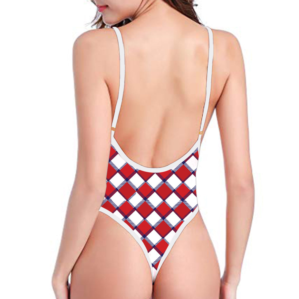 Fourth of July American Plaid Print One Piece High Cut Swimsuit