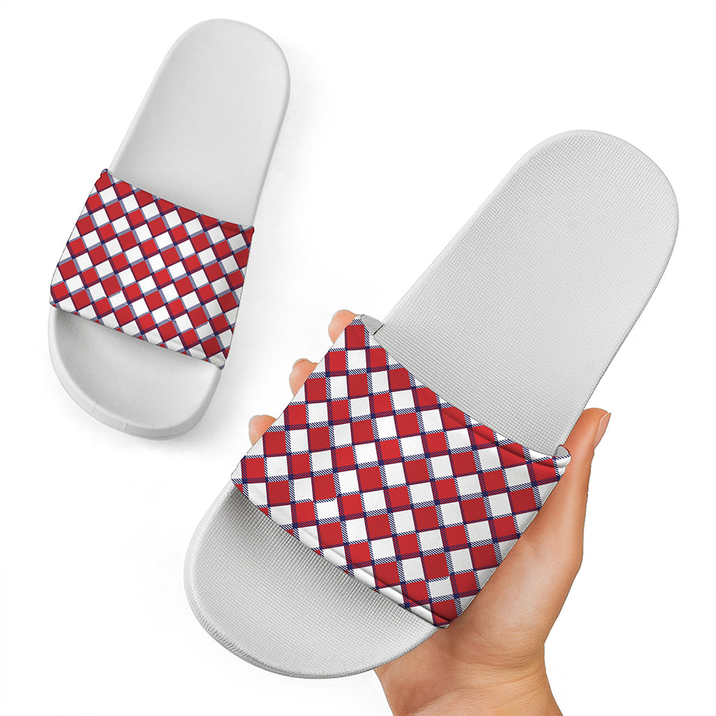 Fourth of July American Plaid Print White Slide Sandals