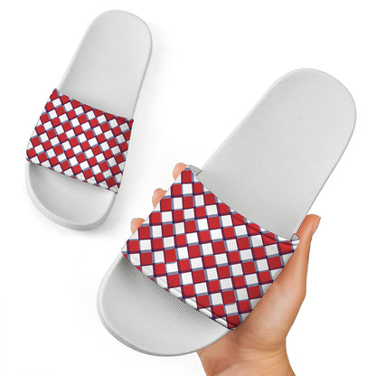 Fourth of July American Plaid Print White Slide Sandals