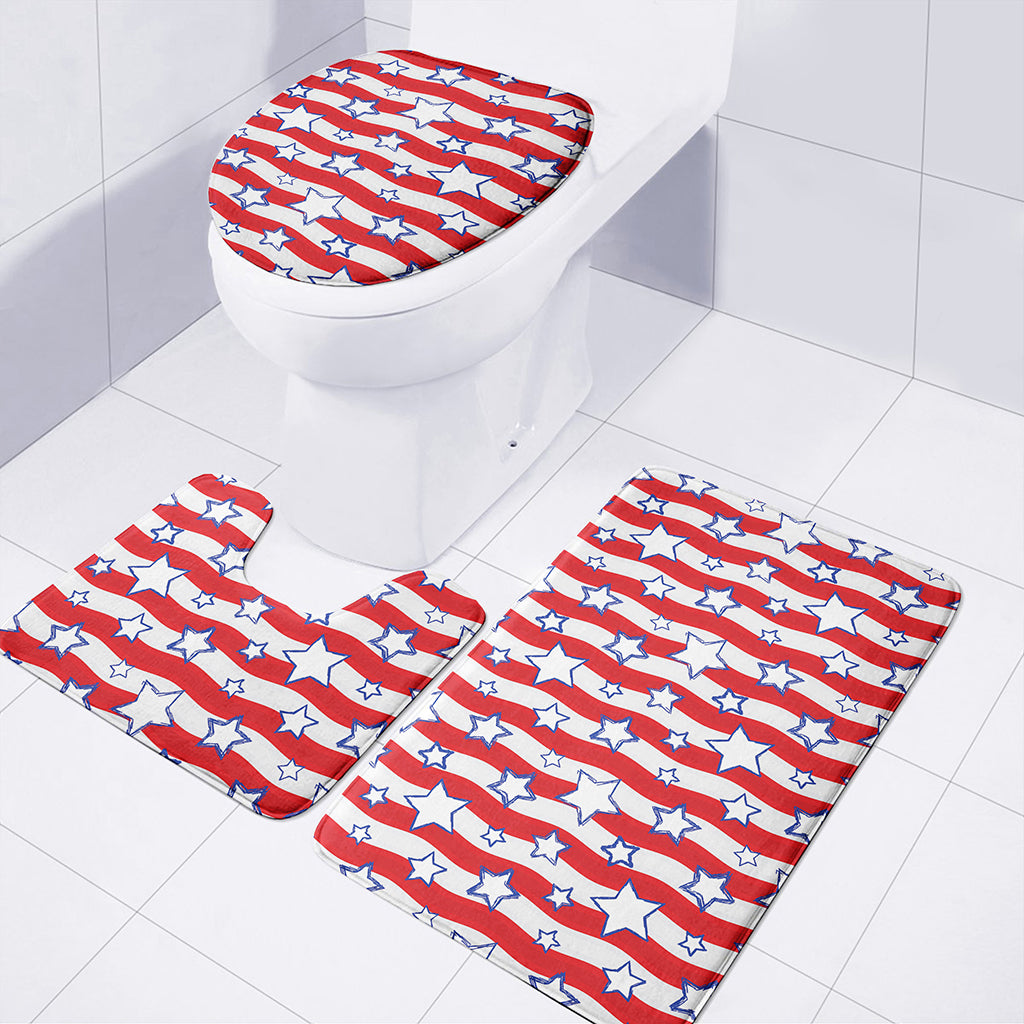 Fourth of July USA Star Pattern Print 3 Piece Bath Mat Set