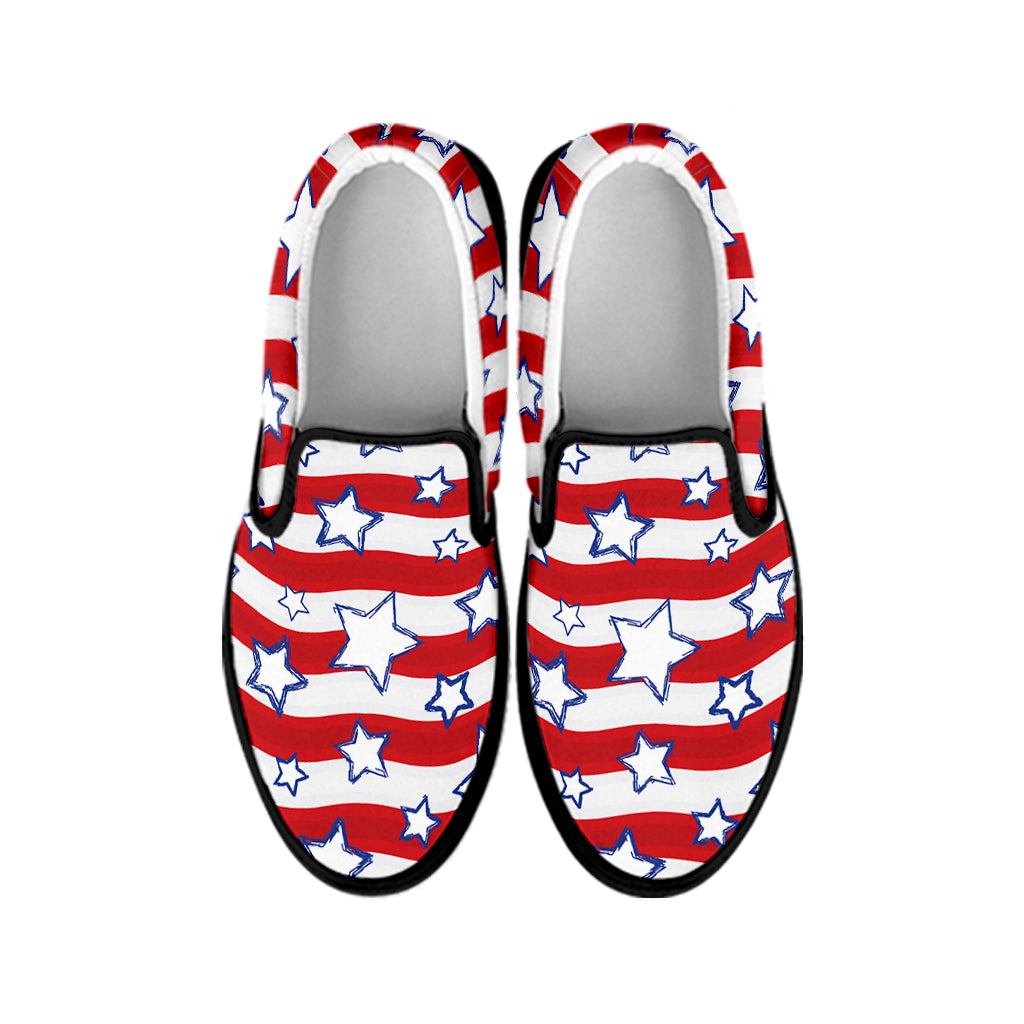 Fourth of July USA Star Pattern Print Black Slip On Shoes