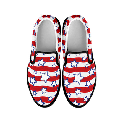 Fourth of July USA Star Pattern Print Black Slip On Shoes