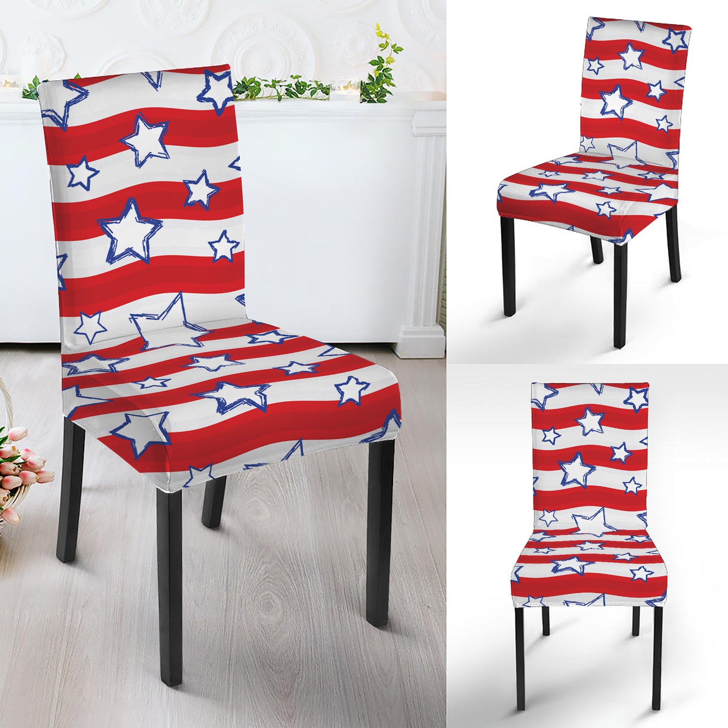 Fourth of July USA Star Pattern Print Dining Chair Slipcover