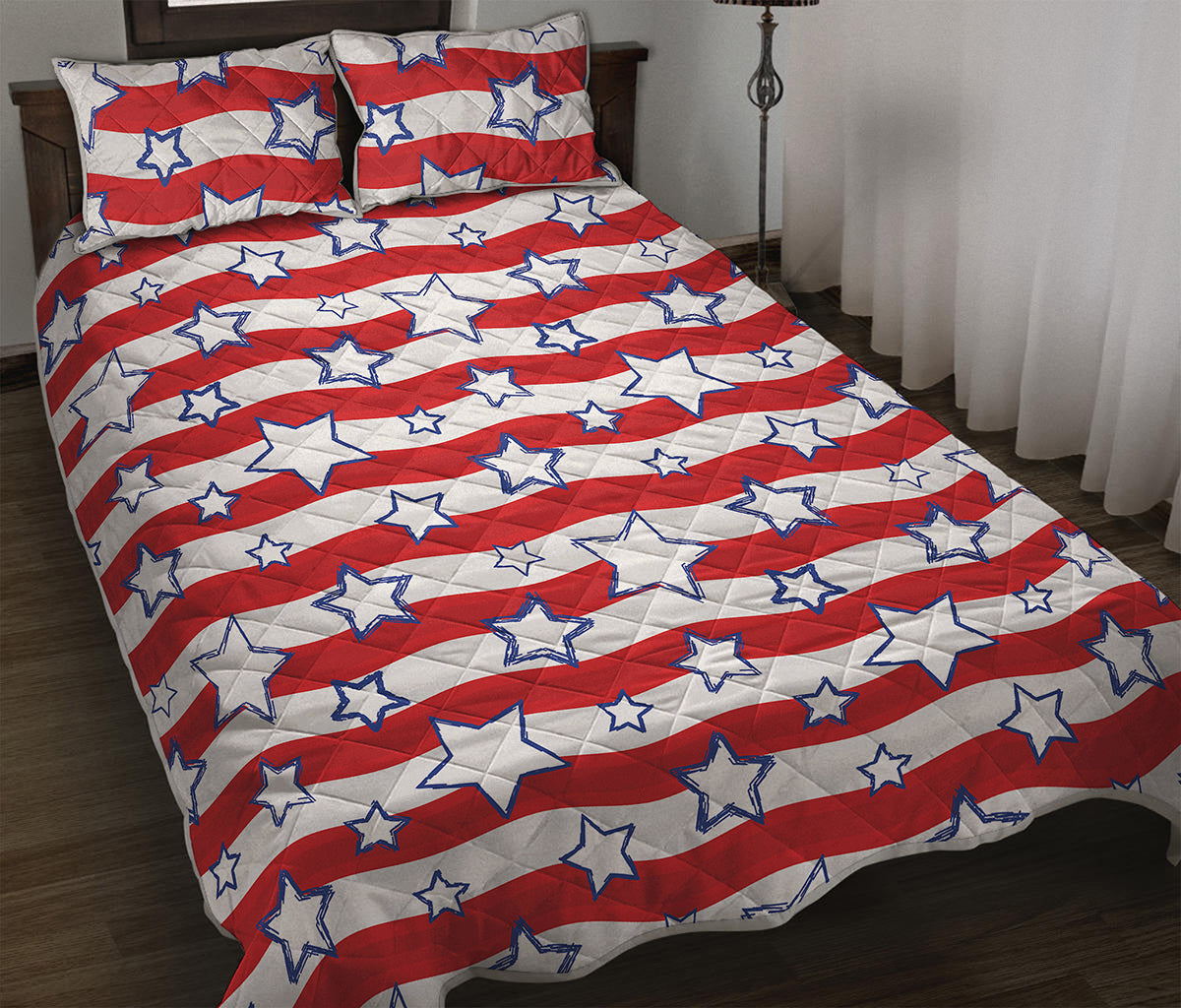 Fourth of July USA Star Pattern Print Quilt Bed Set