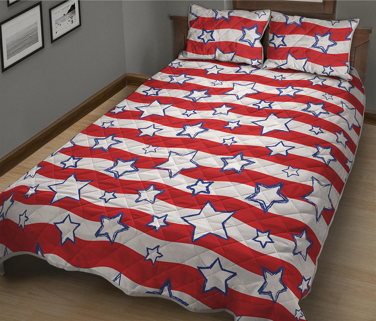 Fourth of July USA Star Pattern Print Quilt Bed Set
