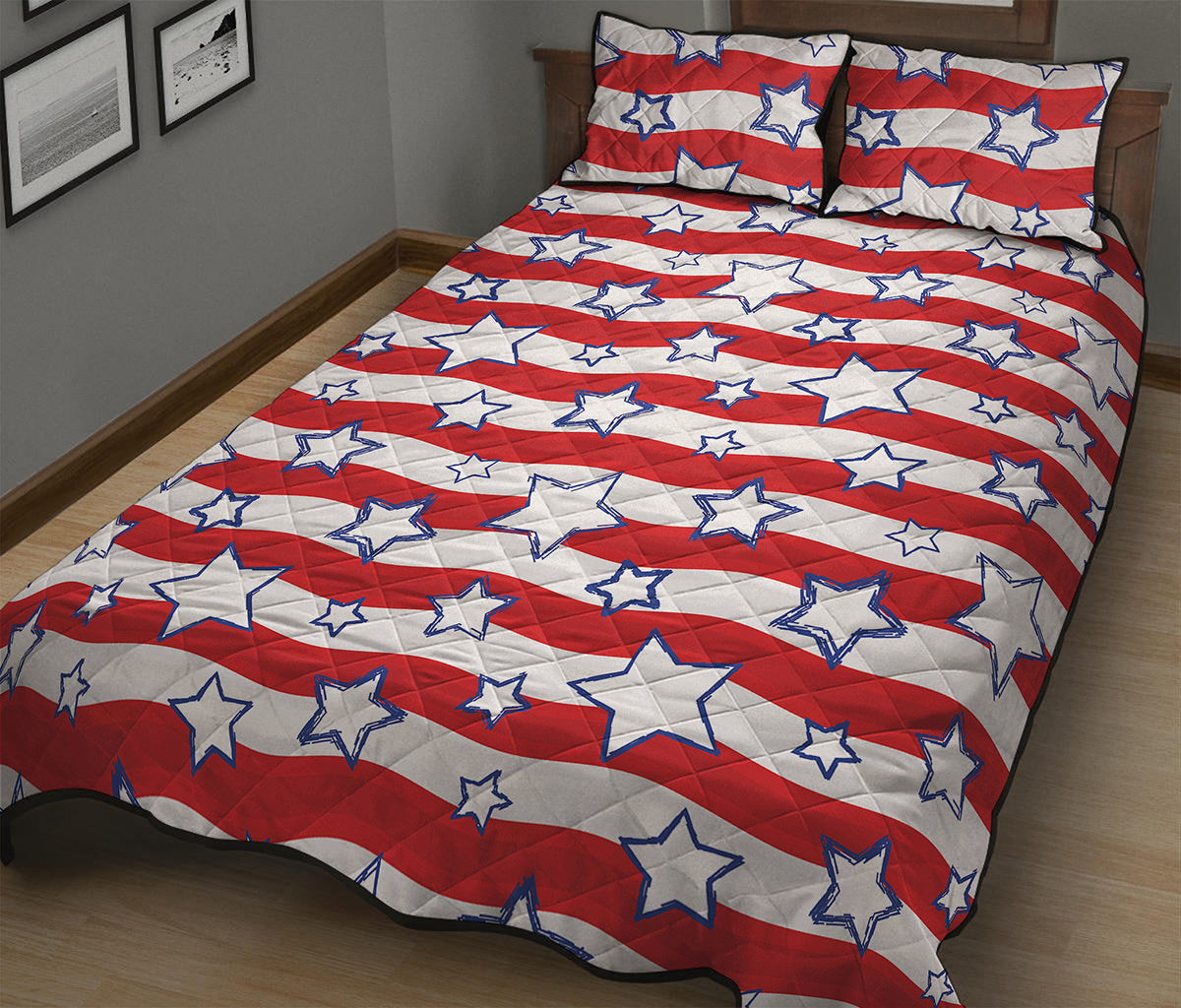 Fourth of July USA Star Pattern Print Quilt Bed Set