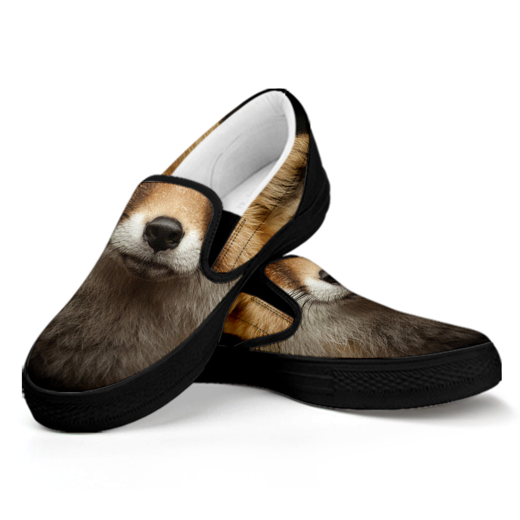 Fox Portrait Print Black Slip On Shoes