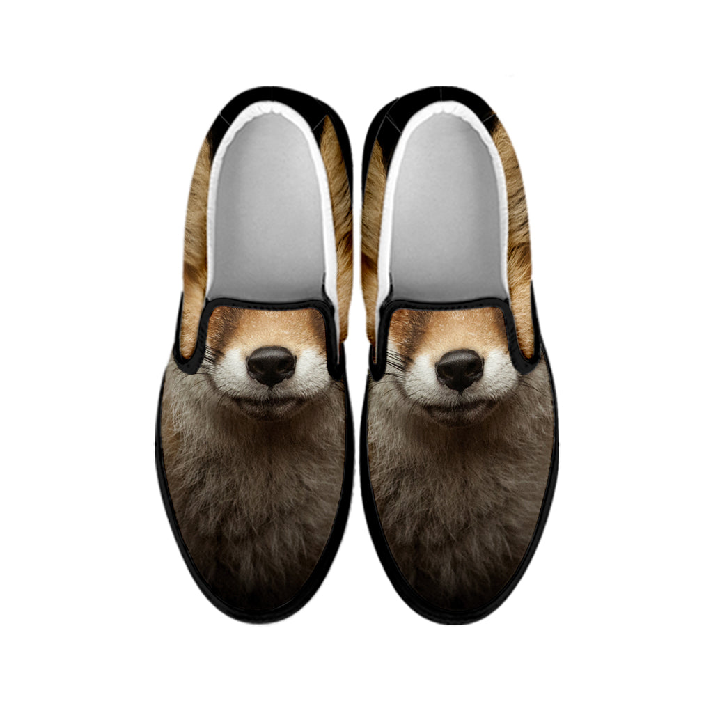 Fox Portrait Print Black Slip On Shoes