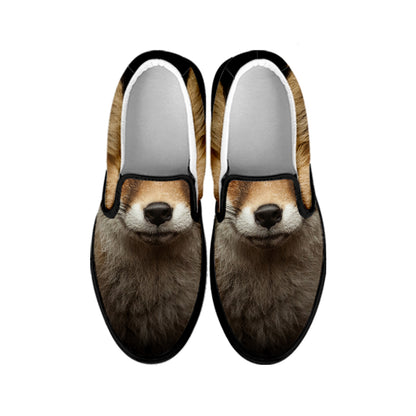 Fox Portrait Print Black Slip On Shoes