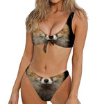 Fox Portrait Print Front Bow Tie Bikini