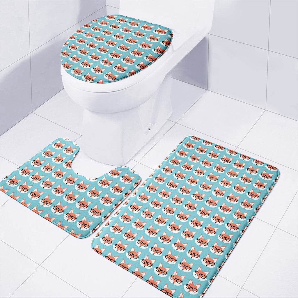 Fox With Glasses Pattern Print 3 Piece Bath Mat Set