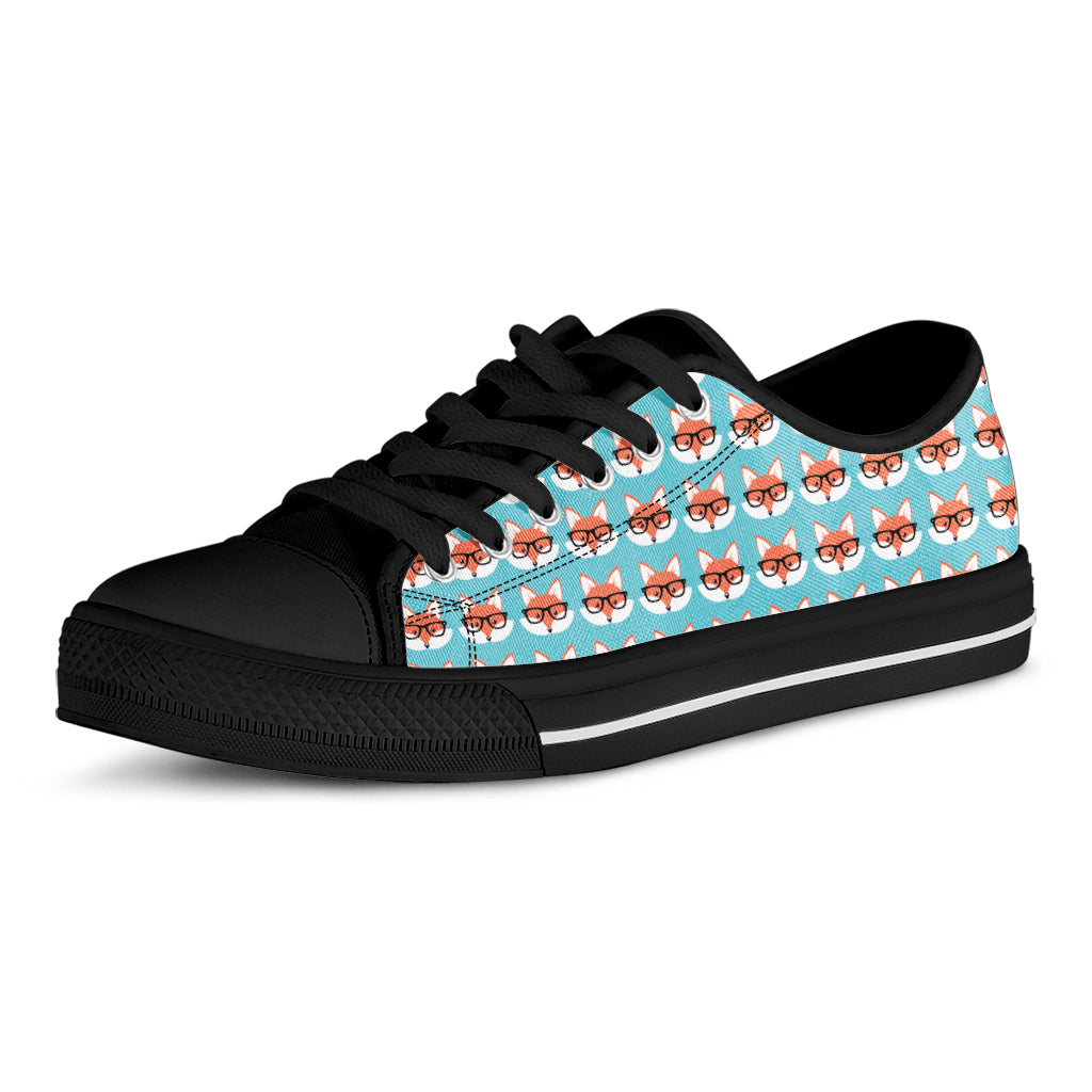 Fox With Glasses Pattern Print Black Low Top Shoes