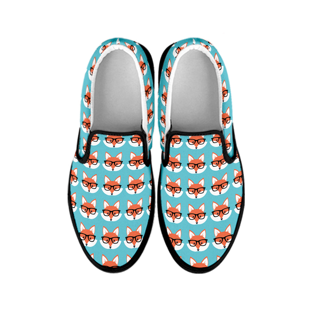 Fox With Glasses Pattern Print Black Slip On Shoes