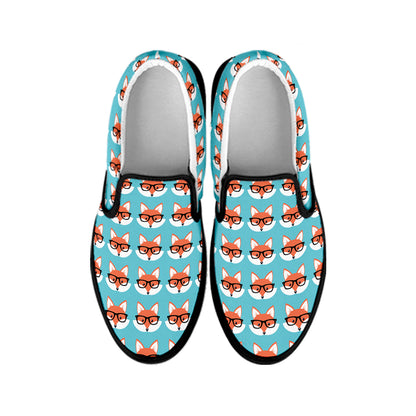 Fox With Glasses Pattern Print Black Slip On Shoes