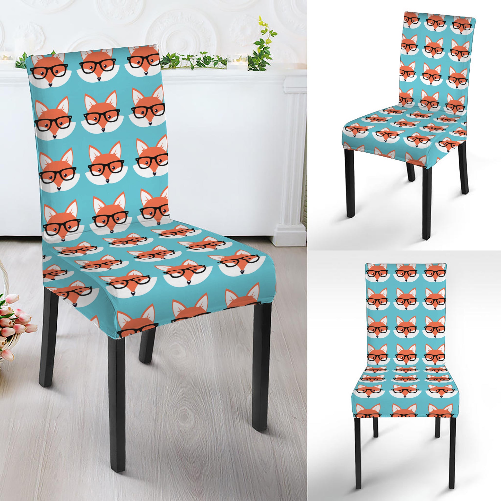 Fox With Glasses Pattern Print Dining Chair Slipcover