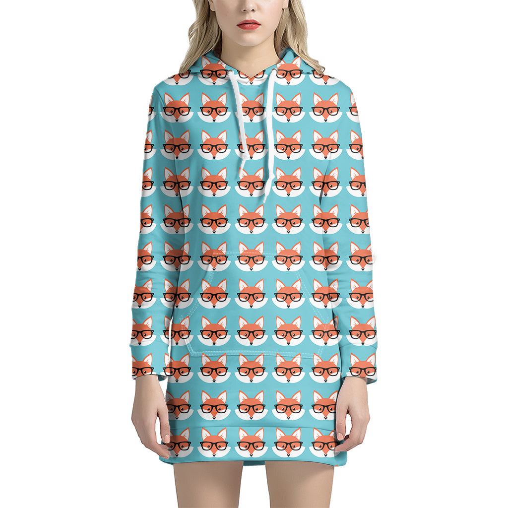 Fox With Glasses Pattern Print Hoodie Dress