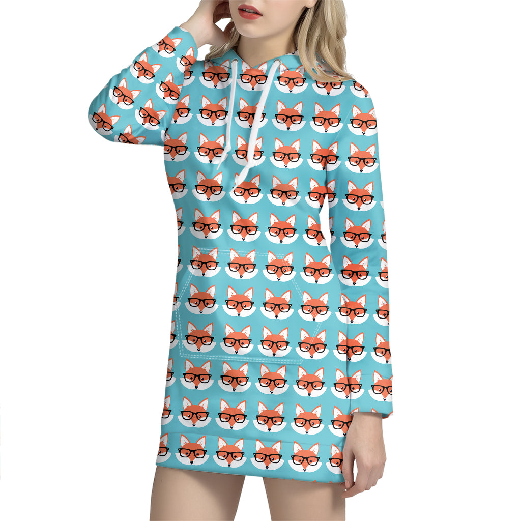 Fox With Glasses Pattern Print Hoodie Dress