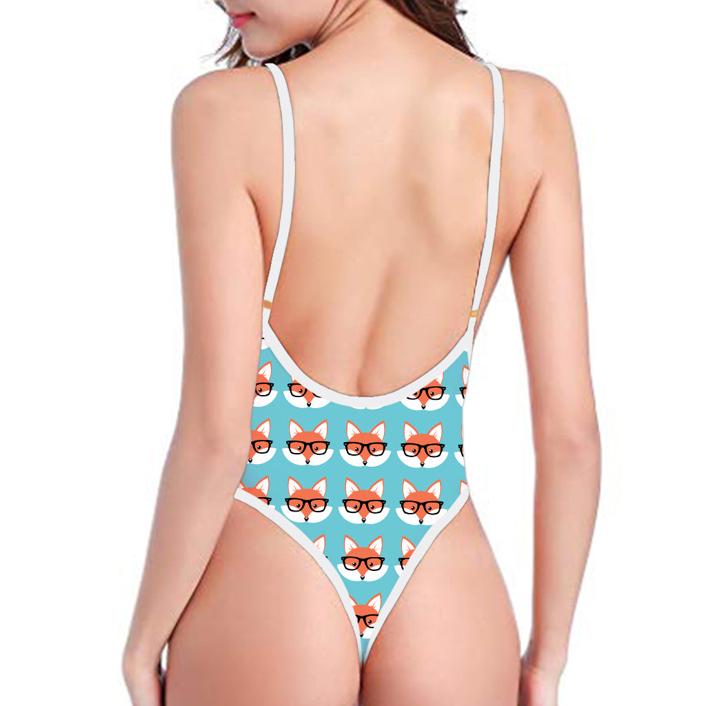 Fox With Glasses Pattern Print One Piece High Cut Swimsuit