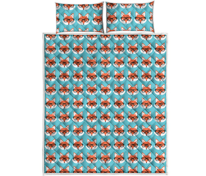 Fox With Glasses Pattern Print Quilt Bed Set