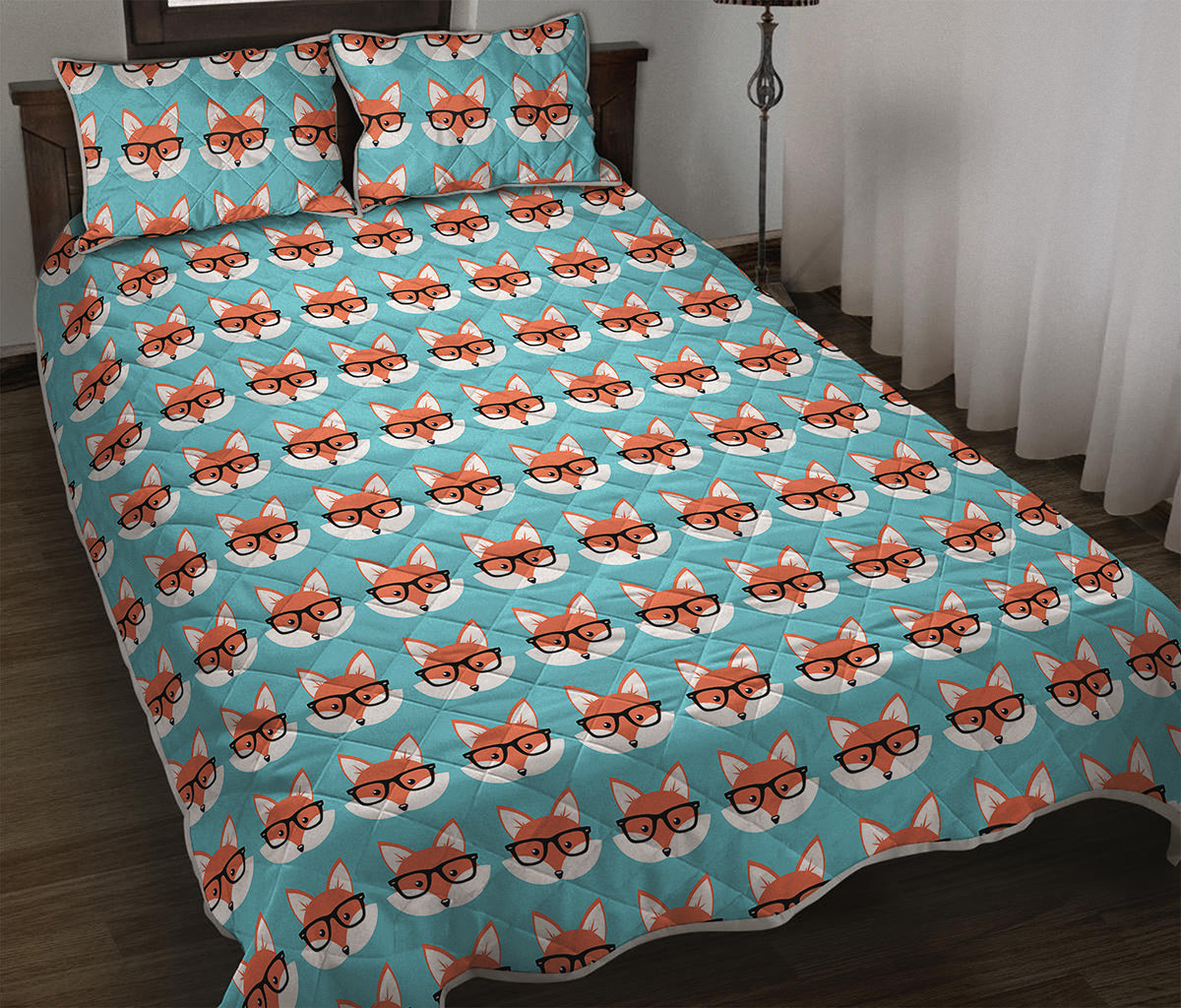 Fox With Glasses Pattern Print Quilt Bed Set