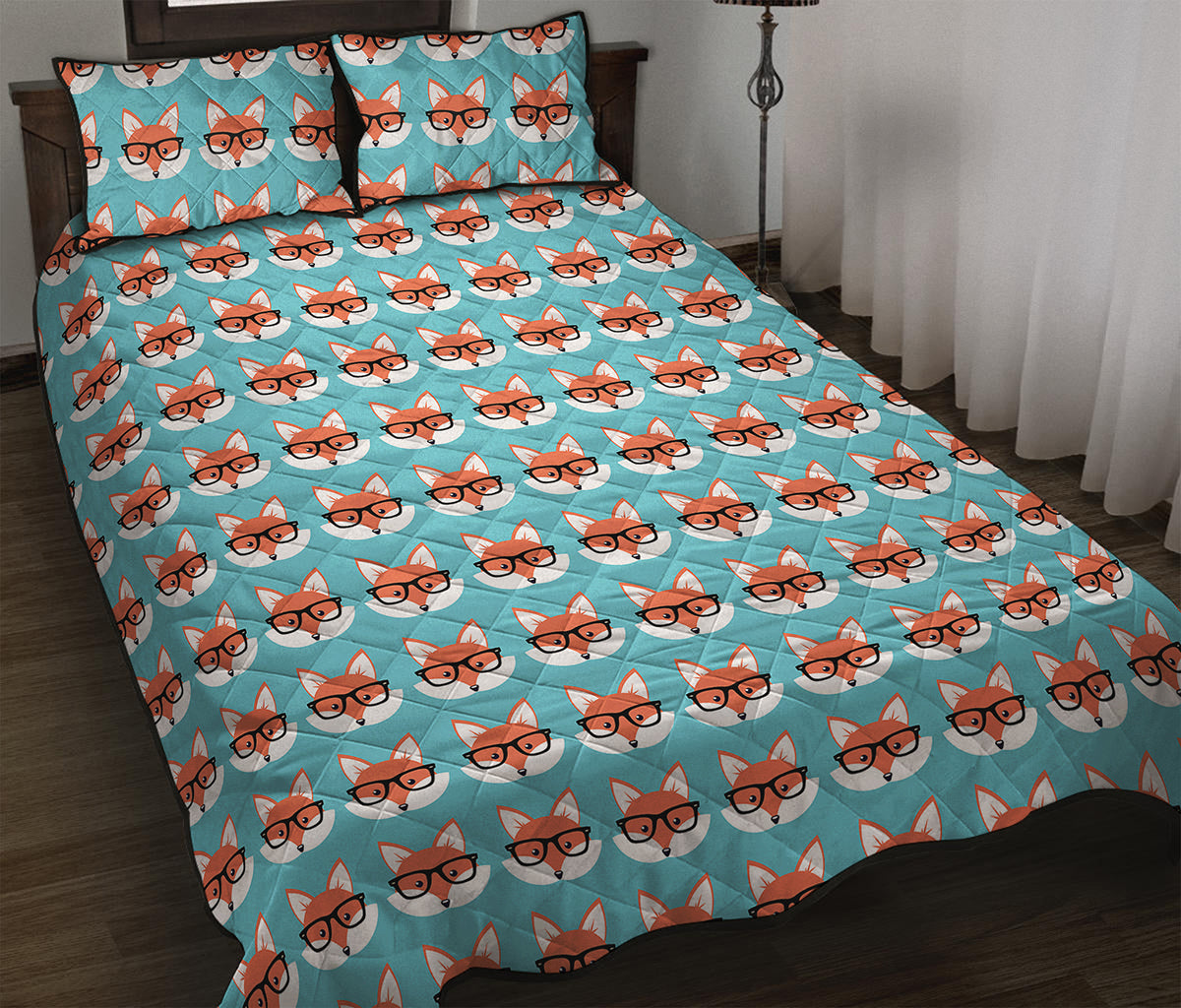 Fox With Glasses Pattern Print Quilt Bed Set