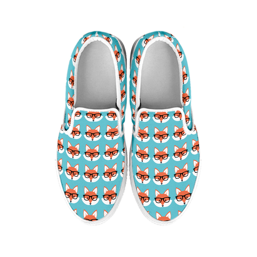Fox With Glasses Pattern Print White Slip On Shoes