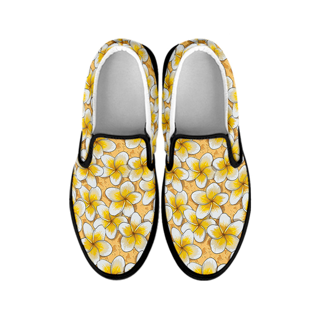 Frangipani Flower Pattern Print Black Slip On Shoes