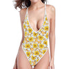 Frangipani Flower Pattern Print One Piece High Cut Swimsuit