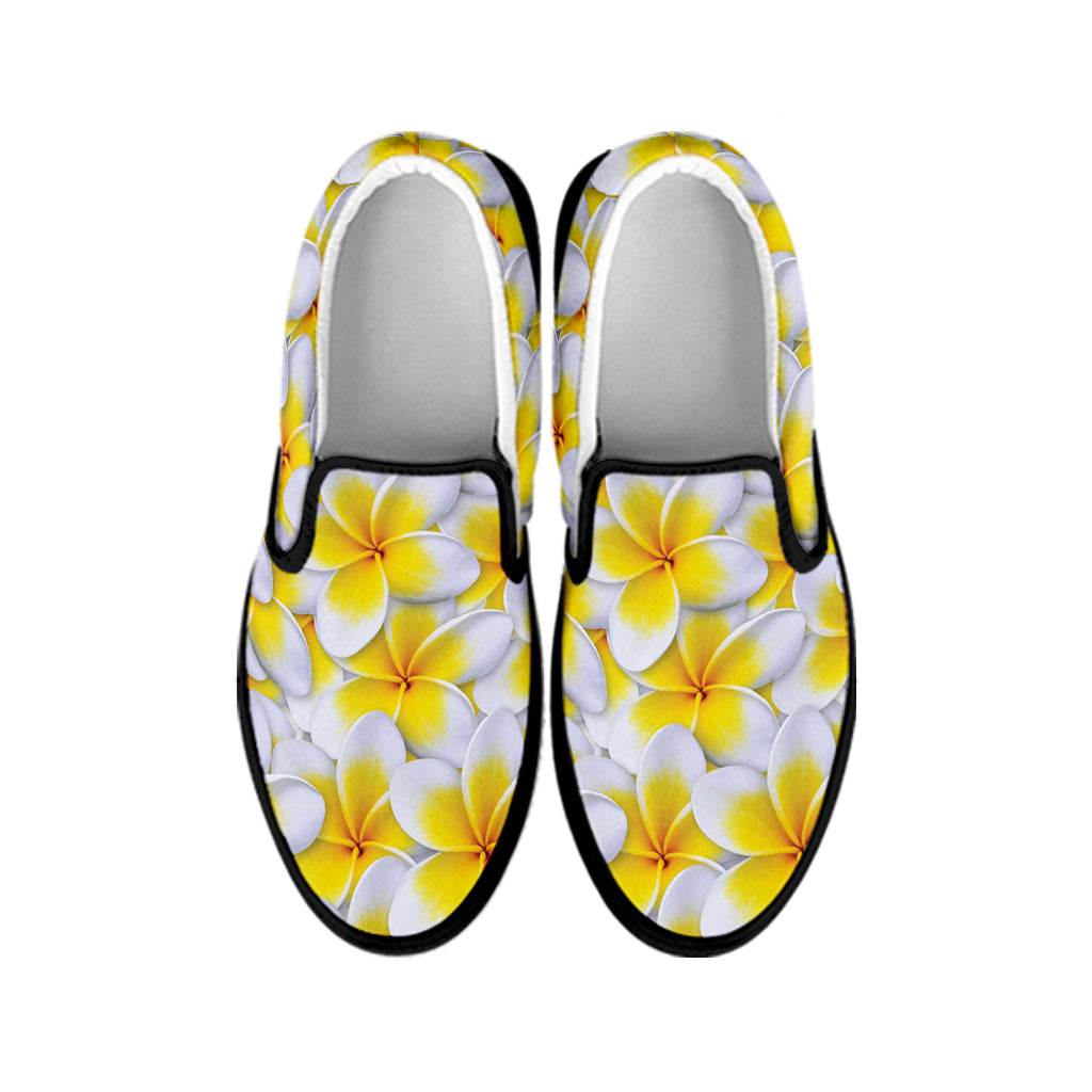 Frangipani Flower Print Black Slip On Shoes